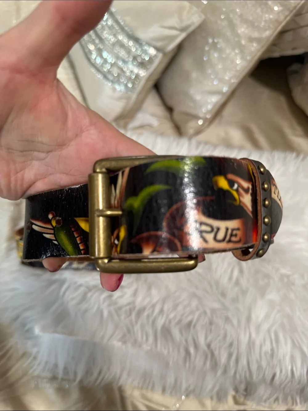 Ed Hardy Black Belt with Cream Logo and Multicolor Tiger Graphic